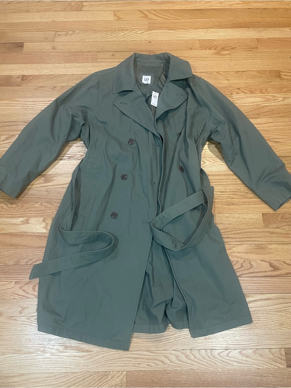 GAP Olive Green Double-Breasted Trench Coat with Waist Tie